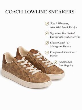 Coach Lowline Sneakers Size 9 Tan Signature Monogram NIB